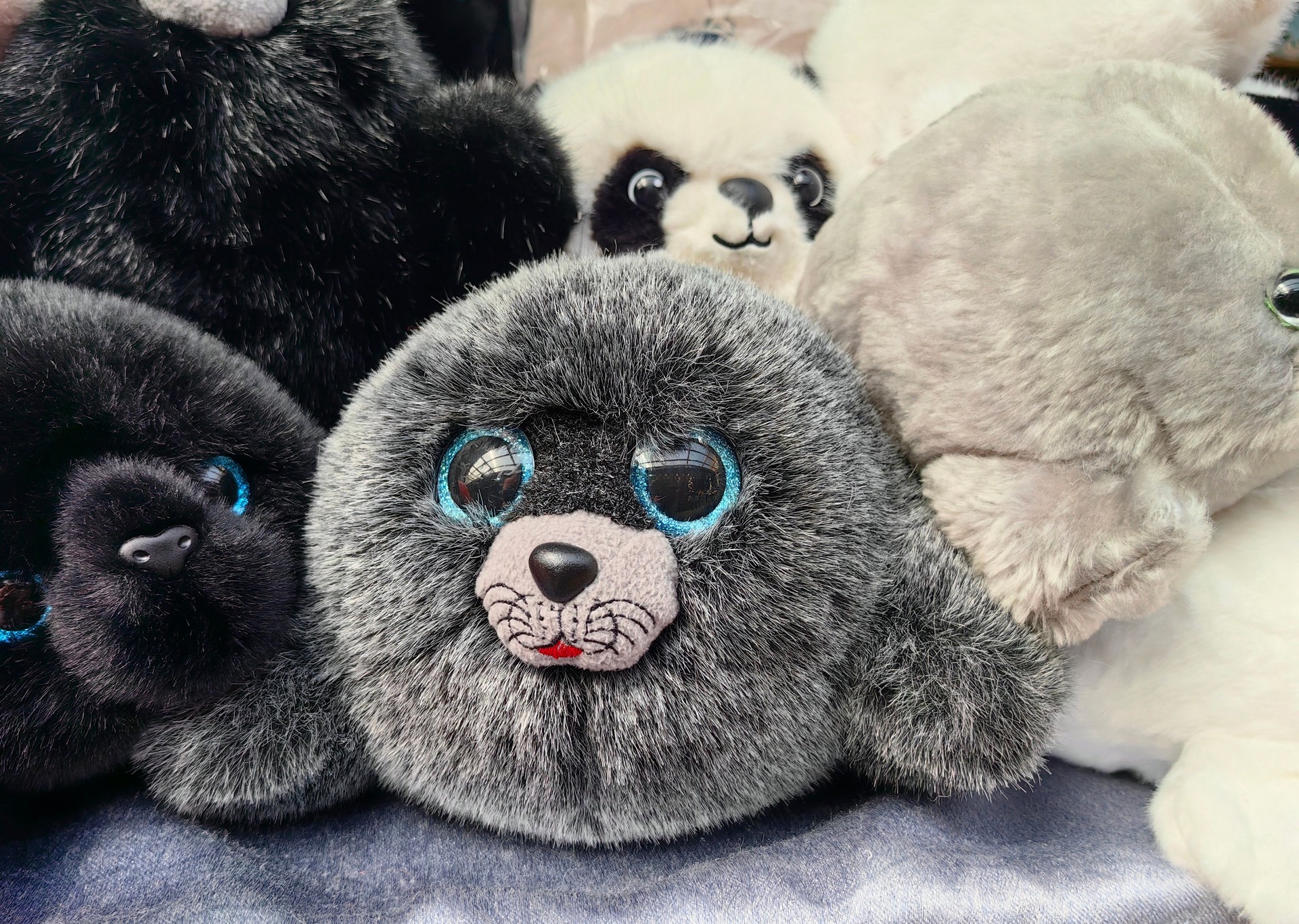 stuffed animals in various poses showcasing adorable features in cozy display setting. closeup.